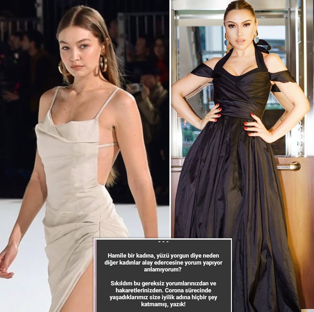 bimagazin's tweet photo. Ünlü sanatçı Hadise, Gigi Hadid'in makyajsız görüntüsüne yapılan yorumlara hem İngilizce hem Türkçe tepki gösterdi "Hamile bir kadına, yüzü yorgun diye neden diğer kadnlar alay edercesine yorum yapıyor anlamıyorum? Sıkıldım bu gereksiz yorumlarınızdan ve hakaretlerinizden, yazık. https://t.co/raTQJlbbjt