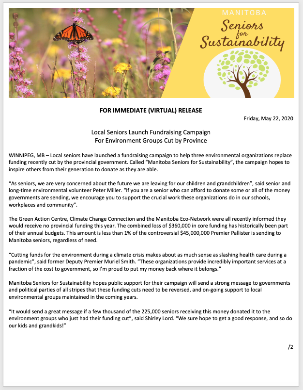 MBSeniors4Sust's tweet photo. Our Media Release went out this morning.  Please support these great organizations.  We want to raise $360,000. https://t.co/QAv34EnjTZ