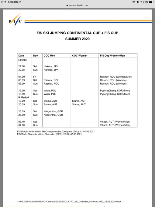 夏のCOC&amp;FIS CUPカレンダーの5/20更新版のやつ初めて見たんだけど  COC白馬、開幕戦なんですね…!? 