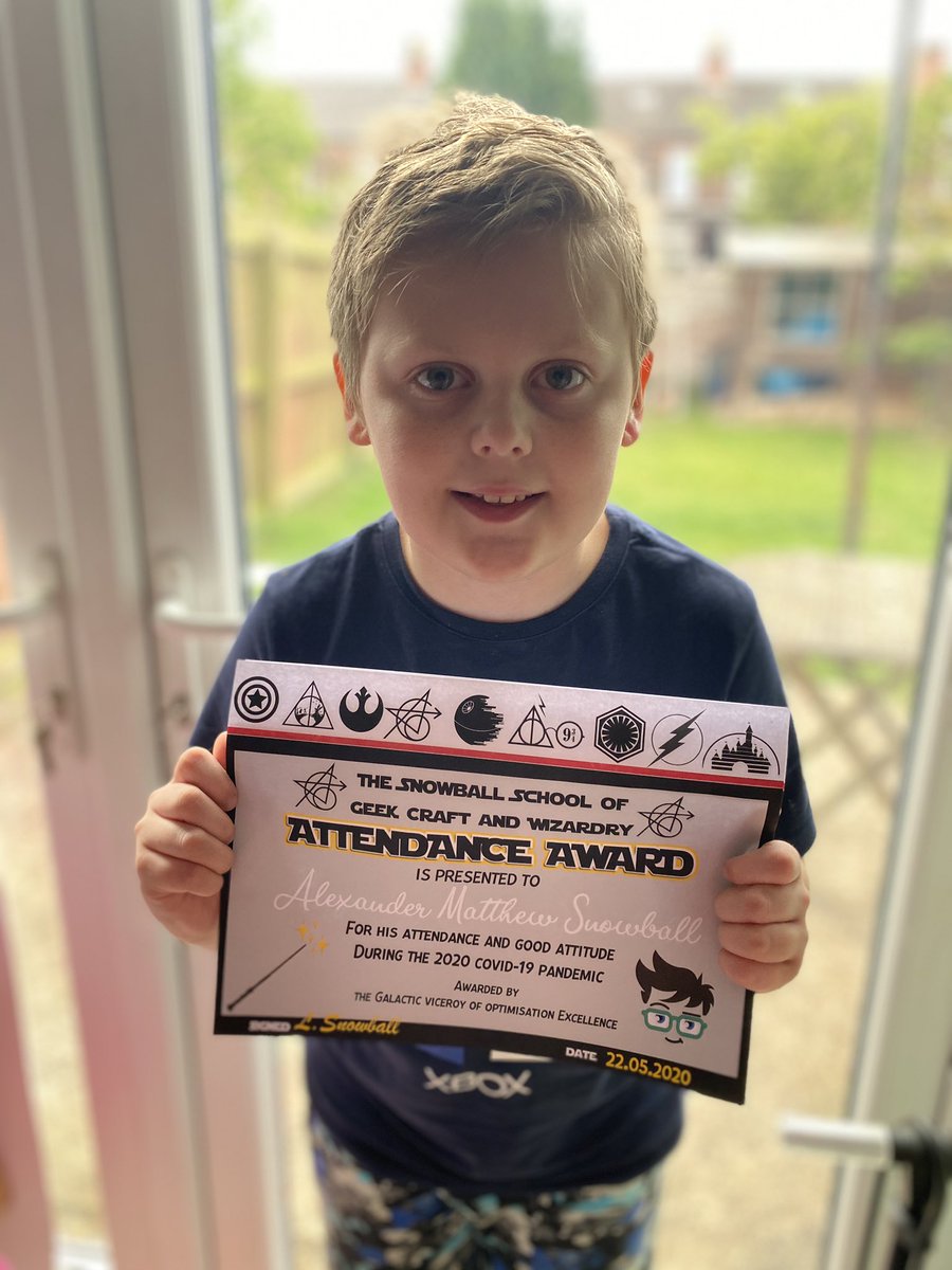 LadySnowBubbles's tweet photo. Attendance awards for Alex and Benji for the School of Geek craft and Wizardry 😏 They have both put them up in their rooms ! @Neil_McAvoy @ClaveringTS27 #claveringfamily #claveringathome https://t.co/5UbS7EIrg4