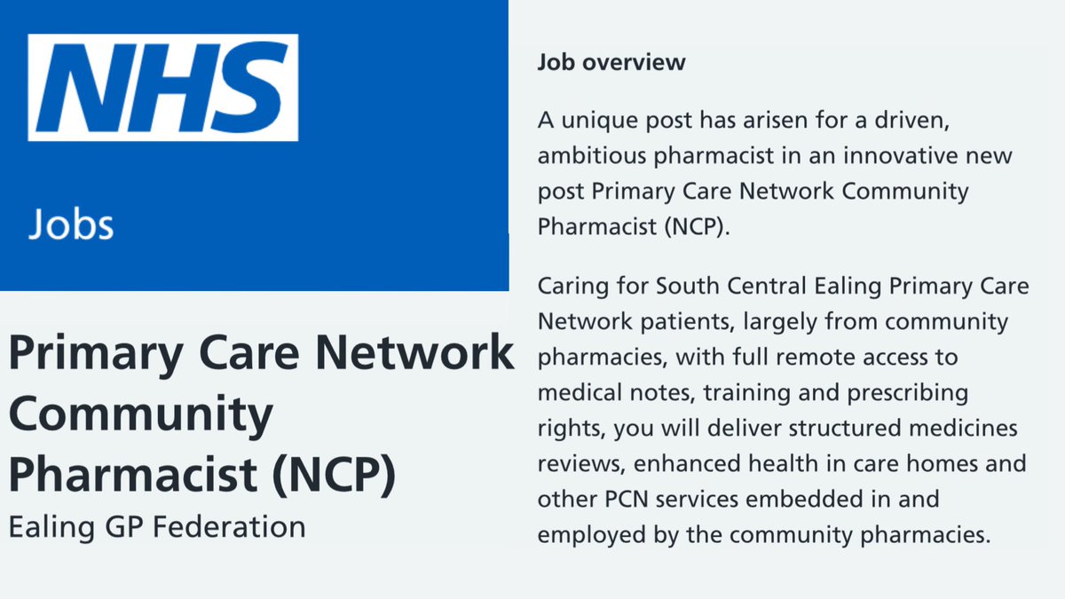 ‼️JOB ALERT ‼️NEW ROLE  - Network Community Pharmacist - #CommunityPharmacy #PrimaryCareNetwork innovative clinical integrated post - Employed by Community Pharmacies funded by PCN - Novel LPC - PCN - Federation collaboration  <a href="/HarbsPharmacy/">Harbs Pharmacy</a> <a href="/Ali_Harb14/">Ali Harb</a> beta.jobs.nhs.uk/candidate/joba…