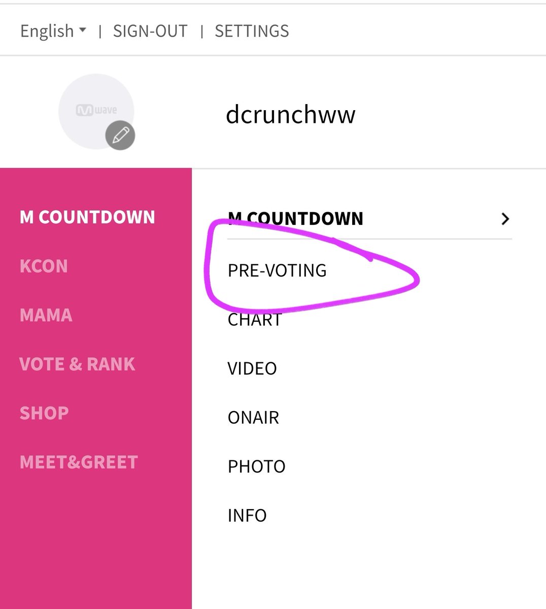 You'll be directed to the main page after signing in, click on the three horizontal lines on the top right again. This time you will click 'PRE-VOTING'. After clicking, you will see a list with all the songs to vote for. Pierrot is the 3rd one listed.