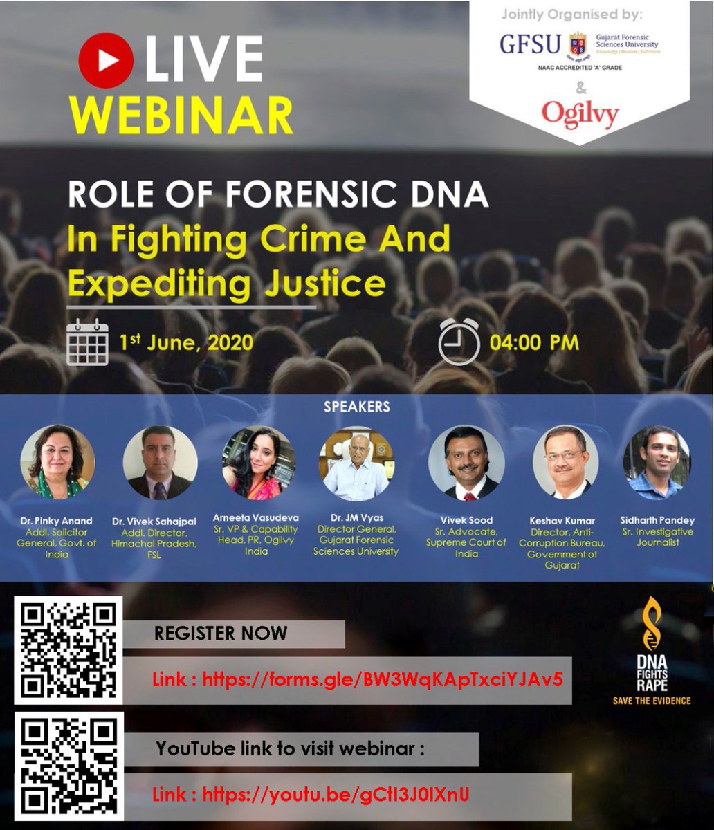 iBhoopendra's tweet image. #ForensicFamily #ForensicUpdate #ForensicNews #ForensicIndia #ForensicEvent
Live webinar on &quot;Role of Forensic DNA In Fighting Crime And Expediting Justice
Register Here:  forms.gle/BW3WqKApTxciYJ…
Attend on YouTube: youtu.be/gCtI3J0IXnU

For any Query: webinar@gfsu.edu.in