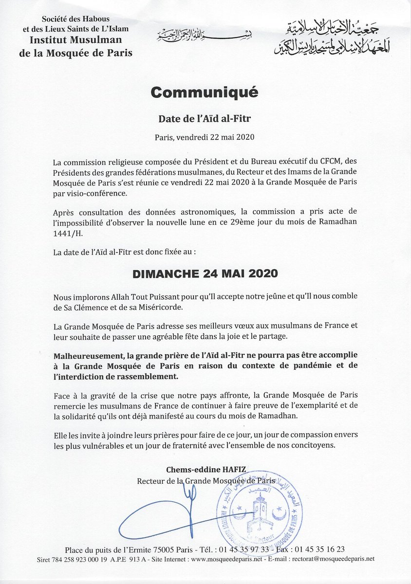 mosqueedeparis's tweet photo. Aïd al-Fitr dimanche 24 mai 2020 https://t.co/xktfTDgh92