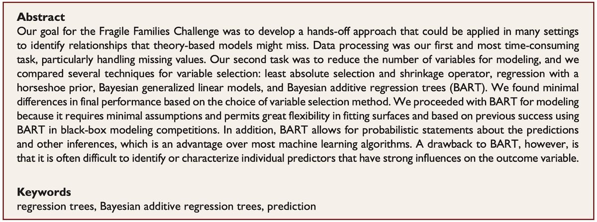 Carnegie and Wu. "Variable Selection and Parameter Tuning for BART Modeling in the Fragile Families Challenge."  https://doi.org/10.1177%2F2378023119825886