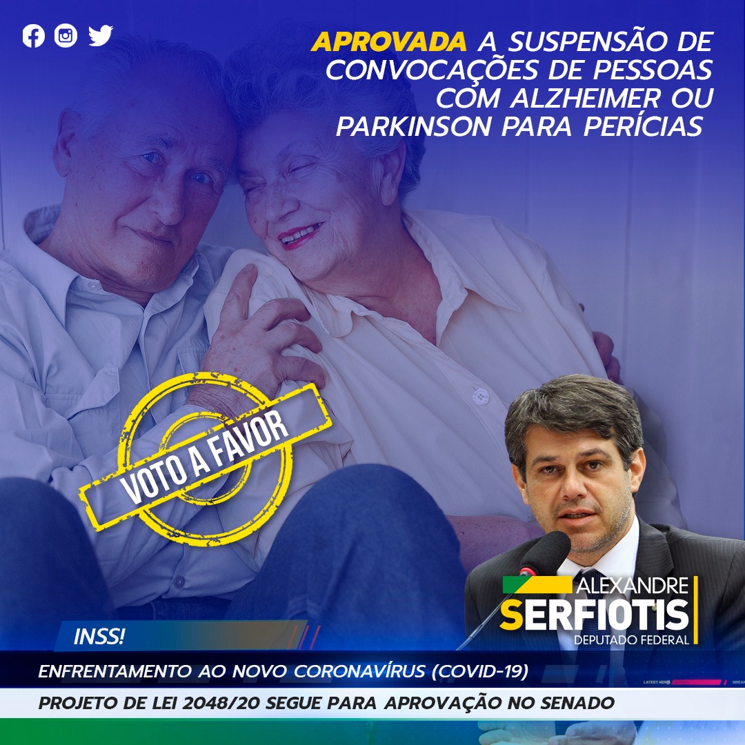 Meu voto foi a favor do Projeto de Lei 2048/20 que suspende as convocações de pessoas com Alzheimer ou Parkinson para perícias relativas ao auxílio-doença da Previdência Social. A suspensão vale para o período da pandemia de Covid-19.