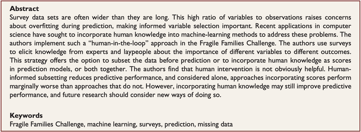 Filippova, Gilroy, Kashyap, Kirchner, Morgan, Polimis, Usmani, and Wang. "Humans in the Loop: Incorporating Expert and Crowdsourced Knowledge for Predictions Using Social Survey Data."  @anna_fil  @ccgilroy  @ridhikash07  @alliecmorgan  @kpolimis  https://doi.org/10.1177%2F2378023118820157