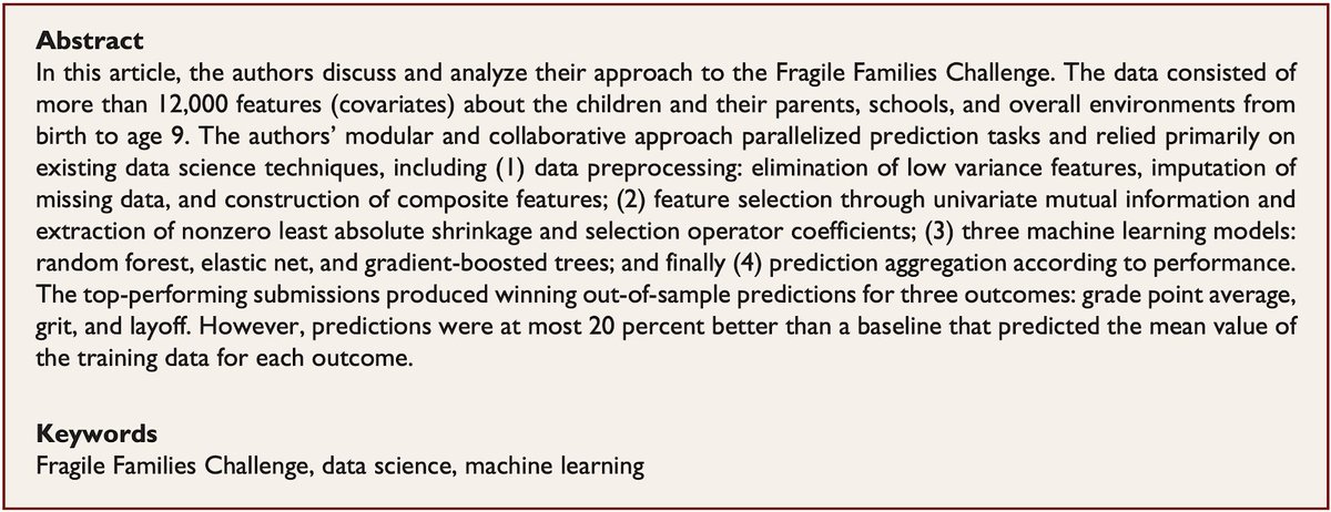 Rigobon, Jahani, Suhara, Al-Ghoneim, Alghunaim, Pentland, and Almaatouq. "Winning Models for GPA, Grit, and Layoff in the Fragile Families Challenge."  @eamanjahani  @suhara  @khazgh  @azizkag  @alex_pentland  @amaatouq  https://doi.org/10.1177%2F2378023118820418