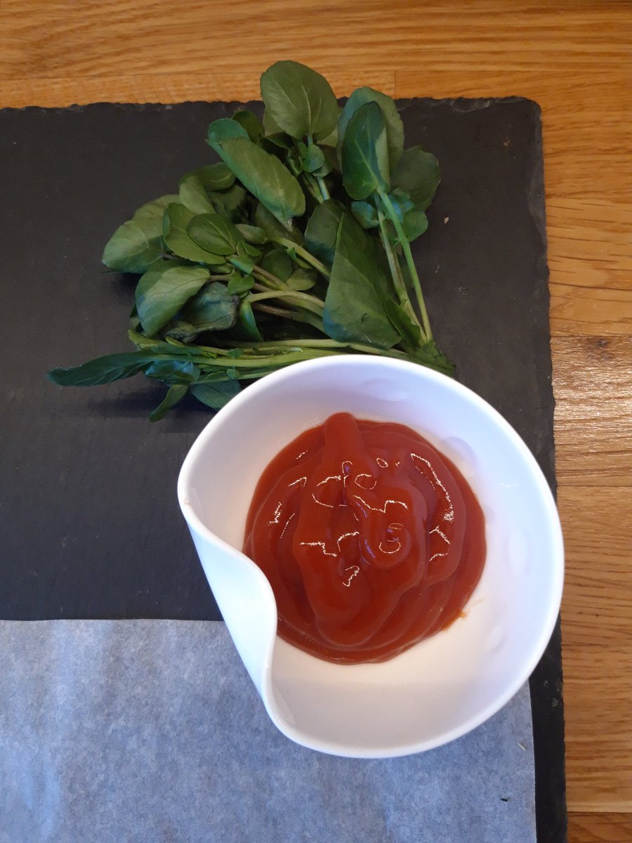 Step 5: garnish. A tiny bowl of not-quite-enough ketchup, and some watercress nobody will eat.