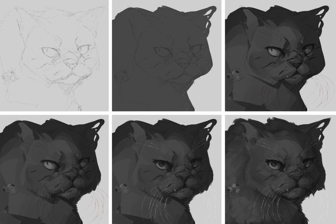 Compiled some progress shots from my Yellowfang's portrait! As you can see she was supposed to have deathberries in her fur but I gave up on this idea on very end c: 