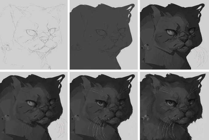 Compiled some progress shots from my Yellowfang's portrait! As you can see she was supposed to have deathberries in her fur but I gave up on this idea on very end c: 