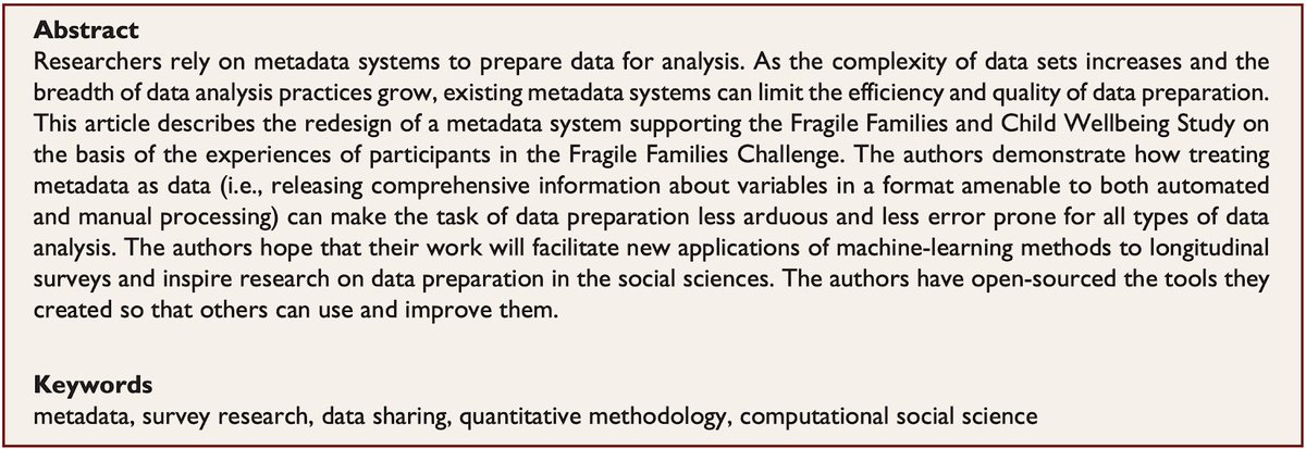 Kindel, Bansal, Catena, Hartshorne, Jaeger, Koffman, McLanahan, Phillips, Rouhani, Vinh, and Salganik. "Improving Metadata Infrastructure for Complex Surveys: Insights from the Fragile Families Challenge."  https://doi.org/10.1177%2F2378023118817378