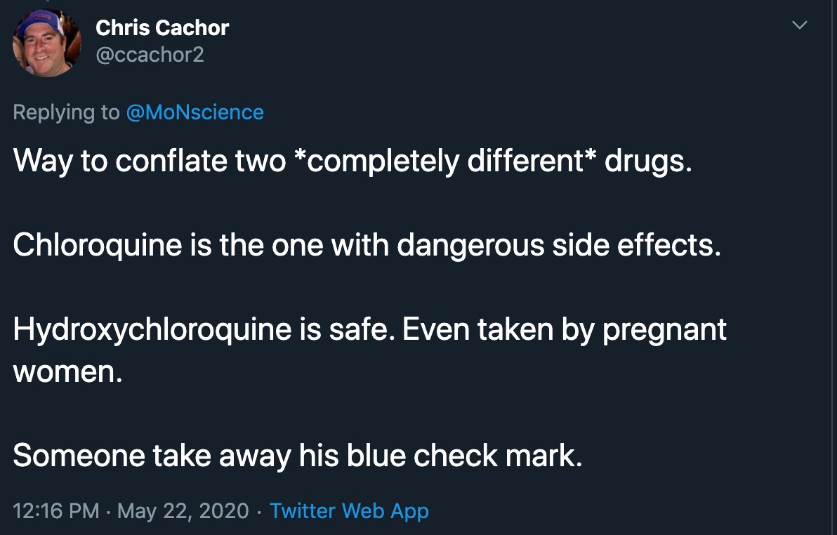 ::circles back to dispel some misinfo from tweet replies:: @ccachor2: The study looked at both hydroxychloroquine and chloroquine, but in separate groups.Hydroxychloroquine showed worse survival and more  toxicity than chloroquine.  https://www.thelancet.com/journals/lancet/article/PIIS0140-6736(20)31180-6/fulltext