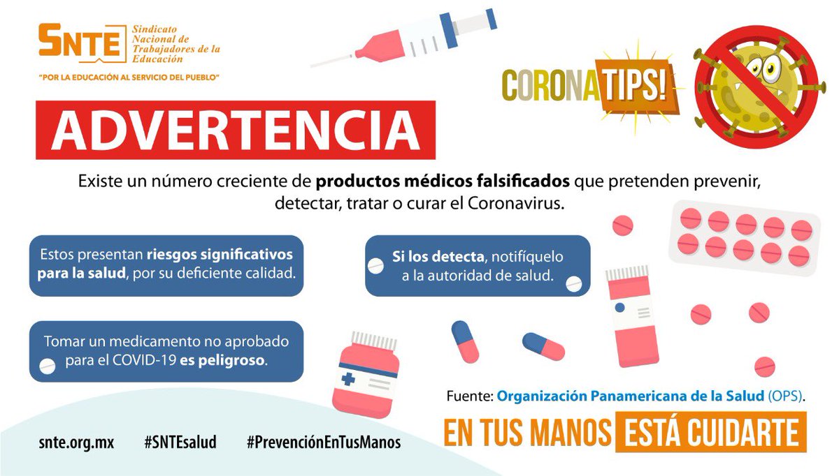 jcterrazas's tweet photo. #SNTEsalud ⚕️

⚠️ ALERTA ⚠️ México vive alto contagio #coronavirus #COVID19 🦠 Ante síntomas no te automediques 💊🚫 ni tomes fármacos que prometen curar el #COVID 💊❌ y llama al 📲 800 00 44 800📱

#QuedateEnCasa

#FelizViernes #22DeMayo México #ConvoySinPauta #FelizFinde #RT https://t.co/VHPQcihXls