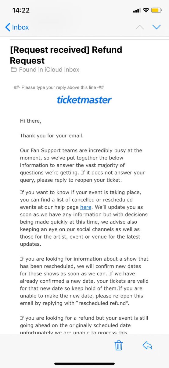 ALuscombe's tweet photo. @TicketmasterCS The automated email just thanked us for completing the form however there was no reference number. See attached: https://t.co/g5xDCc5LHh