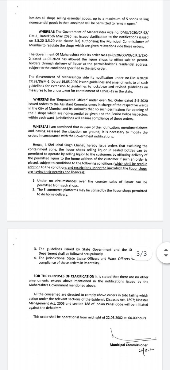 AndheriLOCA's tweet photo. BMC issued circular allowing home delivery of liquor in sealed bottles
Several conditions including using ecommerce platforms for delivery
@RoadsOfMumbai 
@mumbaimatterz 
@ChemburChapters 
@MulundMumbai 
@WeAreMumbai
@mumbaicommunity
@MNCDFbombay 
@mumbaitraffic 
@smart_mumbaikar https://t.co/KV0oKm5ziY