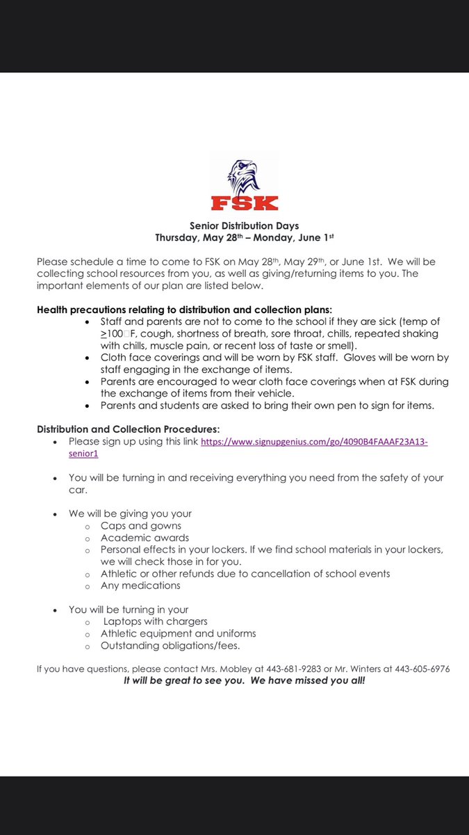 Seniors, sign up for distribution days, where you can pick up belongings and turn in obligations!
