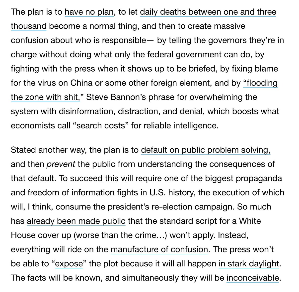 Here,  @jayrosen_nyu distills what the Trump administration's plan is for coping with the coronavirus:  https://pressthink.org/2020/05/the-plan-is-to-have-no-plan/It's only three paragraphs long. Below are the first two; click through to read the third.It seems accurate, and ought to inform reporting on COVID-19