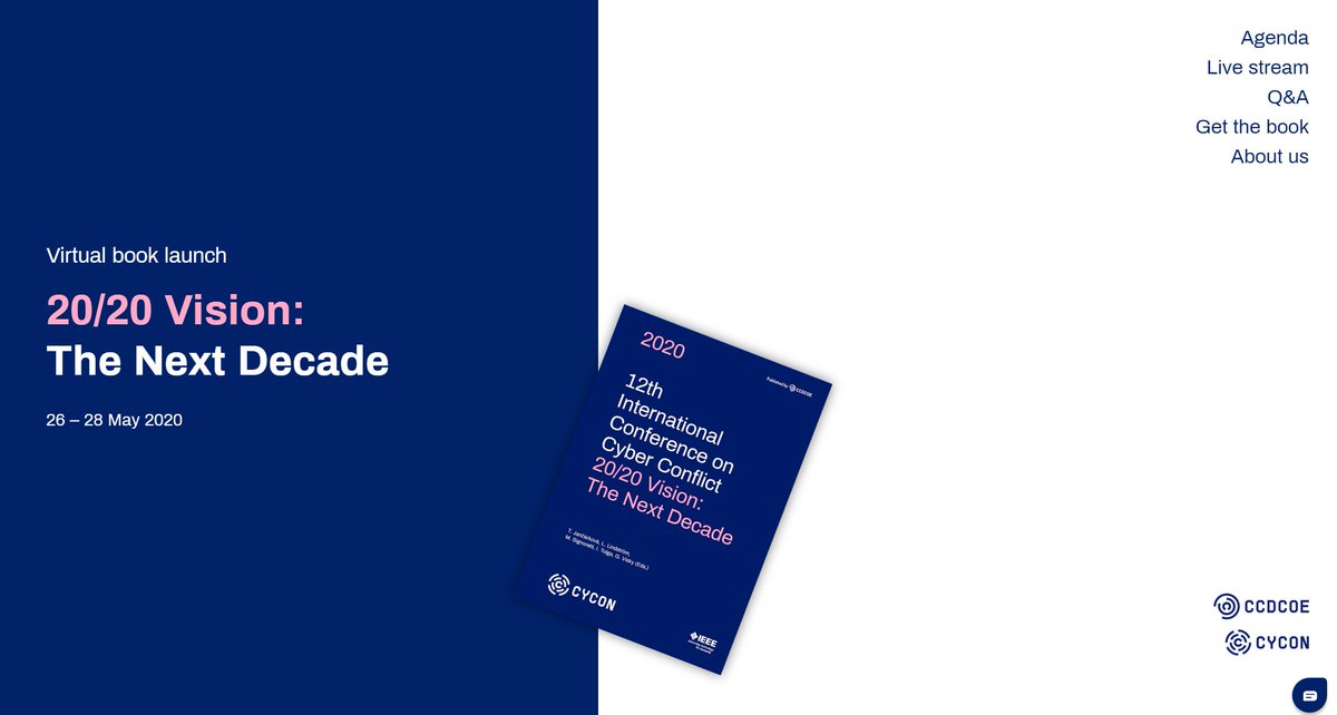 ccdcoe's tweet image. Register to the virtual book launch of ‘20/20 Vision: The Next Decade’ taking place next week - 26-28 May, 4-6PM (EEST) daily #CyCon2020. Agenda and registration here: cycon.org