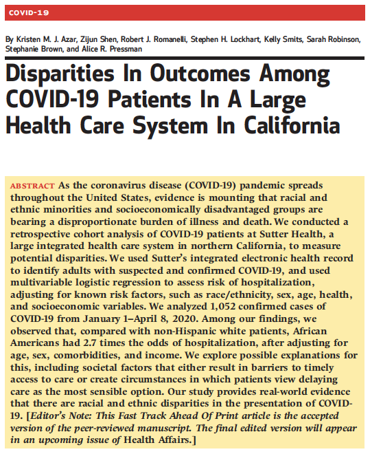 UREssien's tweet photo. New study in @Health_Affairs with some key findings:

- Blacks were less likely to be tested for #COVID19 as outpatient
- Black were 2x more likely to be hospitalized for Covid-19
- Patients with Medicaid/ uninsured were 2x more likely to be hospitalized

https://t.co/w2mh5RZvOi https://t.co/OjZpX0q1lu