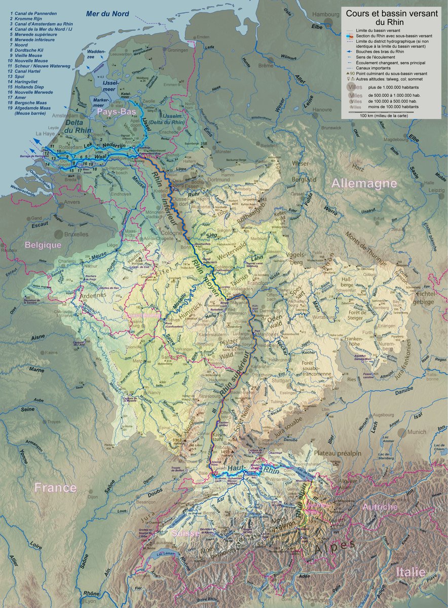 En géographie humaine, les fleuves ne sont pas des barrières naturelles, mais des centres de gravité des populations et les principaux axes de contacts,d& #39;échanges et de flux.Les zones germanophones en Suisse et au sud de l& #39;Alsace coïncident avec le bassin du Rhin(et les massifs)