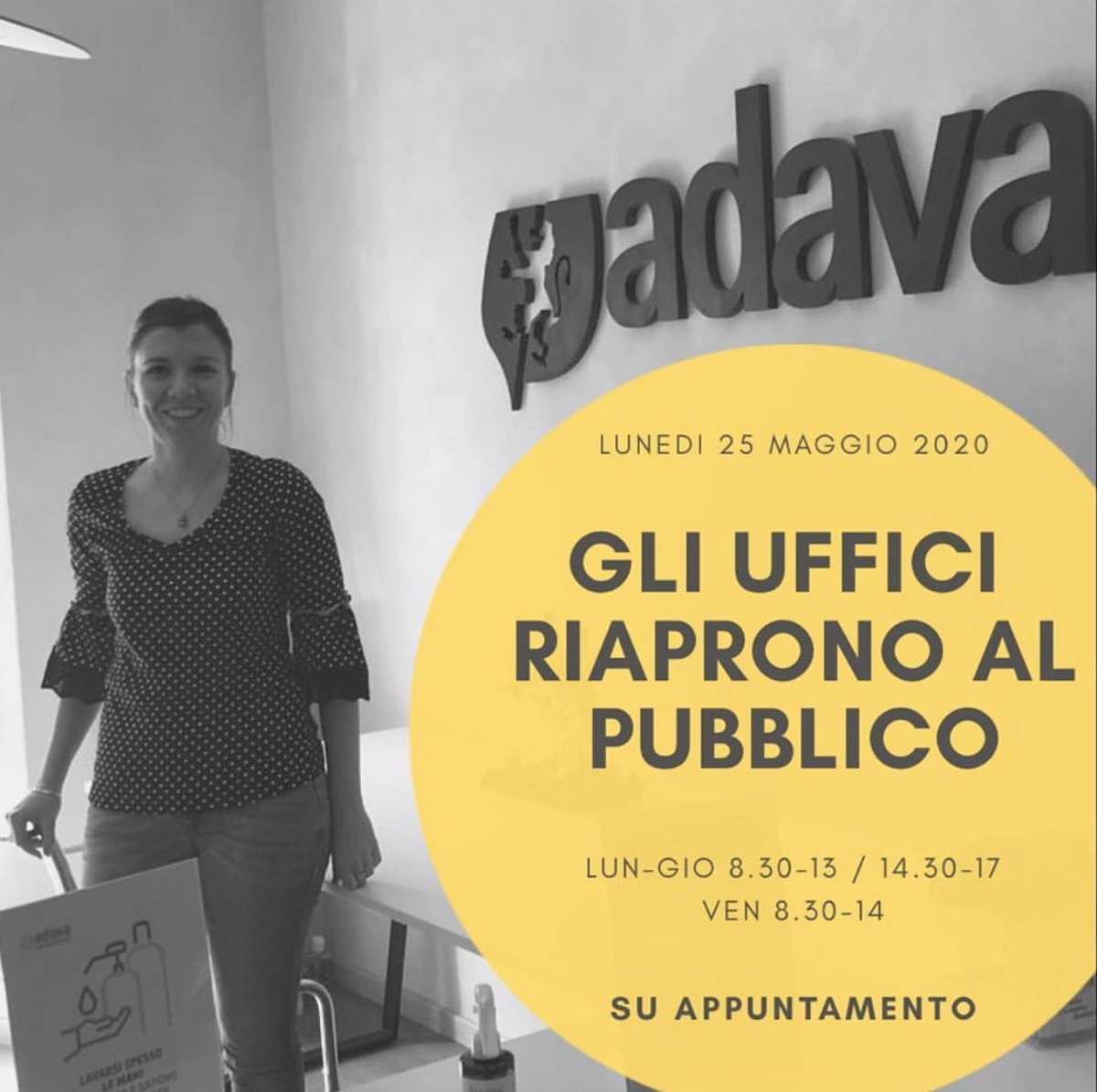 adava_official's tweet photo. Con la speranza di essere riusciti a fornire un valido supporto anche lavorando dalle nostre case durante il periodo di emergenza sanitaria, siamo felici di informarvi che riapriamo i ns uffici con il seguente orario: 
lun-gio 8.30-13.00 / 14.30-17.00
Ven 8.30-14.00 https://t.co/SoDkdFiEYv