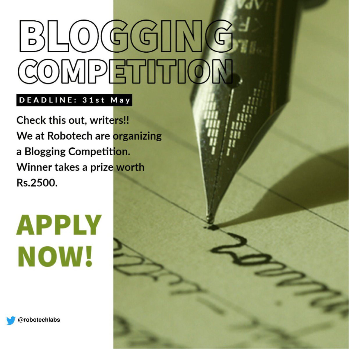 robotechlabs's tweet photo. Robotech invite all the Writers out there💛
Come participate in this blogging competition 📝
Register NOW!!👇🏻
https://t.co/RWB3PvGqbC https://t.co/4Kcc9341I4