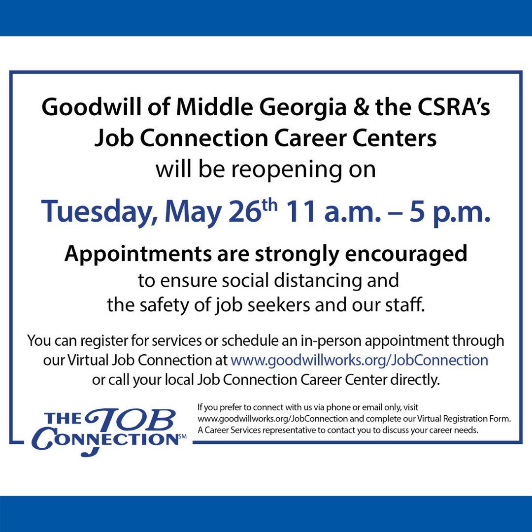 GoodwillWorks's tweet image. (1/2) Our Goodwill Job Connection Career Centers are reopening Tuesday, May 26 from 11 a.m. to 5 p.m. We will require all job seekers and visitors to wear a mask and be screened daily prior to entering. 

#GoodwillWorks #GoodwillJobConnection