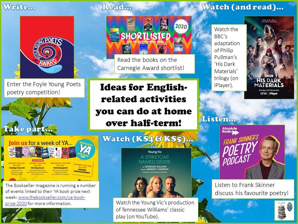 Some ideas for English-related activities to do over half-term! 📚📽️🎭