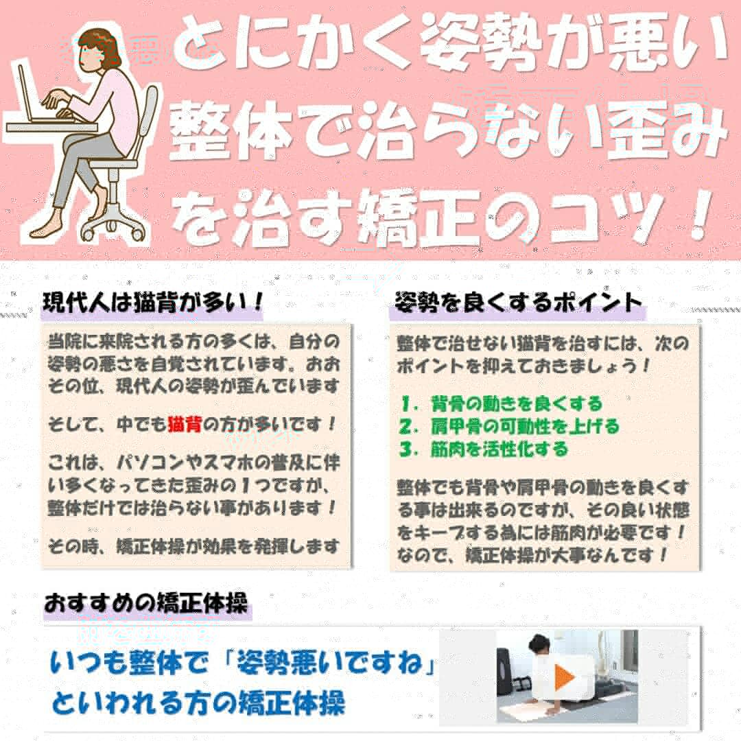 顔顎矯正 鍼灸接骨院 リビジョン 整体で治しきれない姿勢の悪さを 矯正するポイントは 筋肉の活性化にあります 今回ご紹介する矯正体操は 背骨の柔軟性を出しながら肩甲骨を正しい位置にセットする事を目的にしています 散々整体通ったけど なかなか
