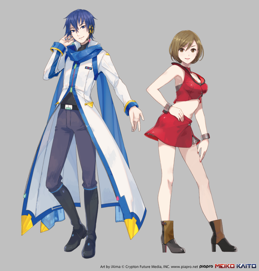 kaito (vocaloid) ,meiko (vocaloid) 1girl 1boy blue hair boots skirt red skirt coat  illustration images