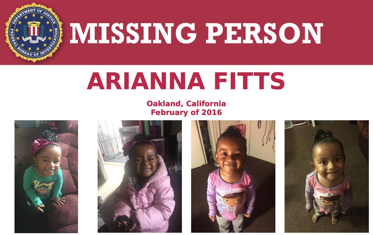 Arianna Fitts was last seen in Oakland, California, in February 2016 and was reported missing from San Francisco, California, in April 2016. Submit tips regarding her whereabouts at  http://tips.fbi.gov .  #MissingChildrensDay  #NeverStop  http://ow.ly/JZwE50zNFzQ 