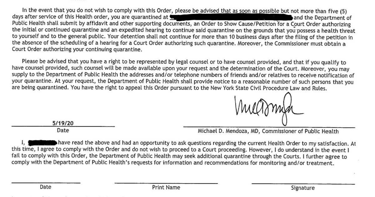 ShannonJoyRadio's tweet photo. Monroe DOH now serving papers to citizens in NYS informing them that:

1. They MAY have been exposed to #COVID19
2. They are under mandatory quarantine/surveillance
3. They will be subject to PHYSICAL FORCE or imprisonment if they do not comply

By WHAT authority @DrMikeMendoza? https://t.co/NtPzWLpMLf