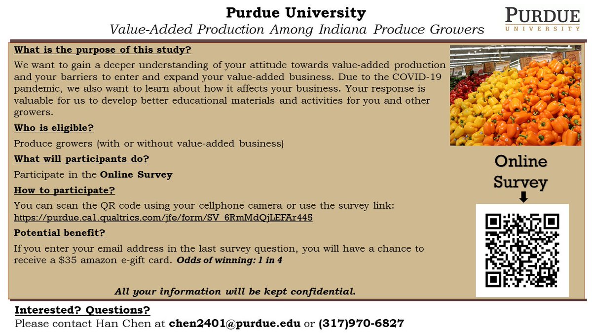 FengsLab1's tweet photo. Are you a produce grower in Indiana? Have you produced your own value-added products that increases the value of your fresh produce? Now you can share your thoughts and experiences on value-added production. #DFFS

Click on this link to participate: https://t.co/D1KRUSnr0q https://t.co/st7AULcM6S