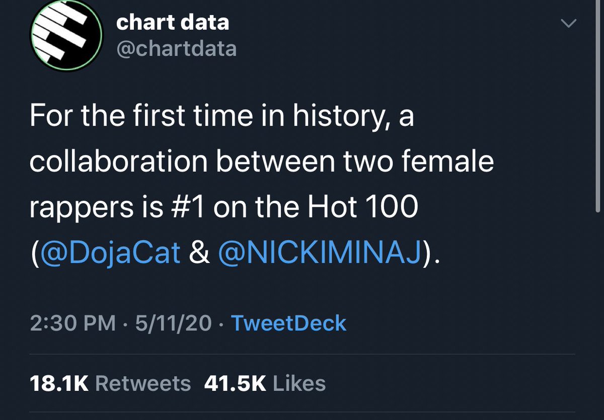 2020 - May - Nicki Minaj gains her 1st Billboard Hot 100 #1 with Doja Cat and their “Say So Remix” (1st female rap collab to top chart) This makes Nicki the first artist to have a #1 on multiple charts, Hot 100, R&B/HipHop, Pop, Dance/Electric, Reggae, Gospel, and Latin.
