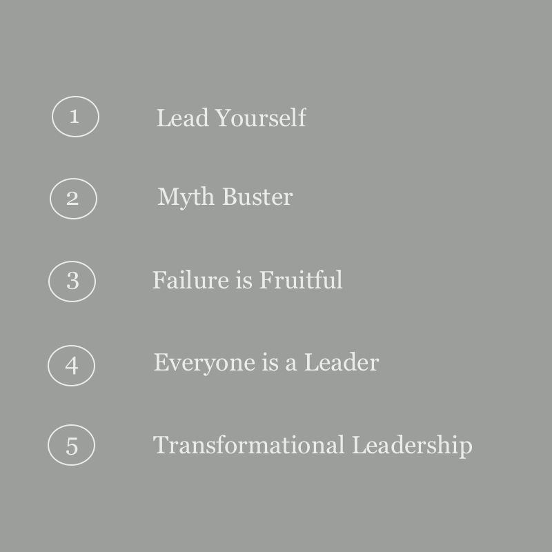 'LEAD from Home'
.
  -  Lead Yourself
  -  Myth Buster
  -  Failure is Fruitful
  -  Everyone is a Leader
  - Transformational Leadership