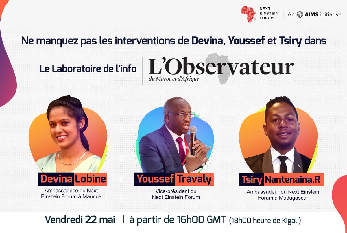Next Einstein Forum (@nexteinsteinfor) on Twitter photo Quel rôle jouent les scientifiques africains, notamment dans la lutte contre le #Covid_19? Ne manquez pas de regarder ce web-débat organisé par <a href="/LObsMarAf/">L'Observateur du Maroc et d'Afrique</a> avec <a href="/devina_lobine/">Devina lobine</a>, <a href="/travalyy/">Youssef Travaly</a> et <a href="/tsr135/">Tsiry Randrianavelo 🇲🇬</a> du <a href="/NextEinsteinFor/">Next Einstein Forum</a> à partir de ce soir👇!
lobservateur.info Quel rôle jouent les scientifiques africains, notamment dans la lutte contre le #Covid_19? Ne manquez pas de regarder ce web-débat organisé par <a href="/LObsMarAf/">L'Observateur du Maroc et d'Afrique</a> avec <a href="/devina_lobine/">Devina lobine</a>, <a href="/travalyy/">Youssef Travaly</a> et <a href="/tsr135/">Tsiry Randrianavelo 🇲🇬</a> du <a href="/NextEinsteinFor/">Next Einstein Forum</a> à partir de ce soir👇!
lobservateur.info