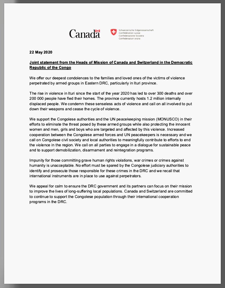 AmbSuisseRDC's tweet photo. Violences en Ituri: la 🇨🇭et le 🇨🇦 appellent tous les acteurs impliqués à déposer leurs armes. Déclaration conjointe ⬇️ https://t.co/YqbQmSKbOH