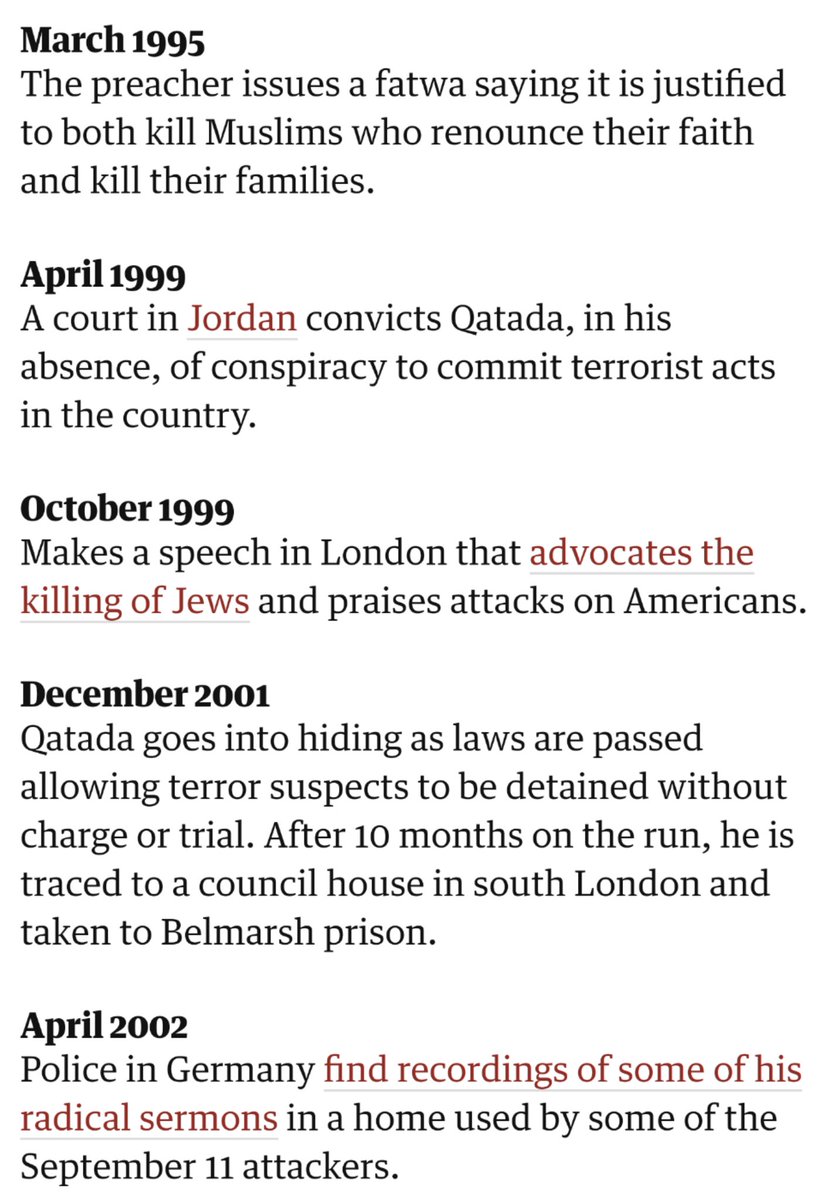 I missed a few of Qatada's more (in)famous milestones:1995 - issues fatwa justifying killing apostates, their wives and their children1999 - delivers a speech advocating killing Jews2015 - praised by Al-Qaeda leader Zawahiri for having "fondness, and compassion for Jihad"