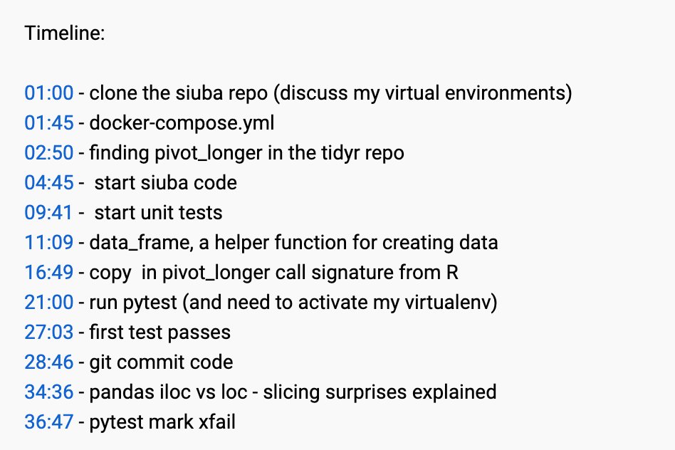 New screencast: adding a function and tests to siuba I walk through working on #python packages, and unit tests with pytest. In this case, I stub out a pivot_longer function along w/ some of the unit tests from the library tidyr! youtu.be/N7Sm4qdm_rs #rstats