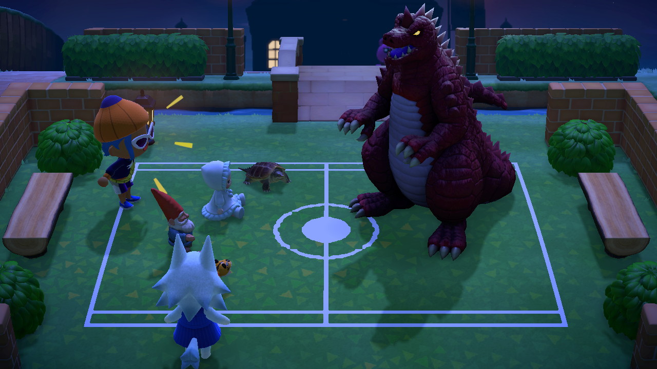 ちょこんと あつ森ポケモン ポケモンのバトルフィールド作った かいじゅうはキョダイマックスっぽくなった レイドバトル が気になるシルビアさんと バトル中に図鑑見てるガンテツ どうぶつの森 Animalcrossing Acnh あつ森写真部 あつ森 キバナ