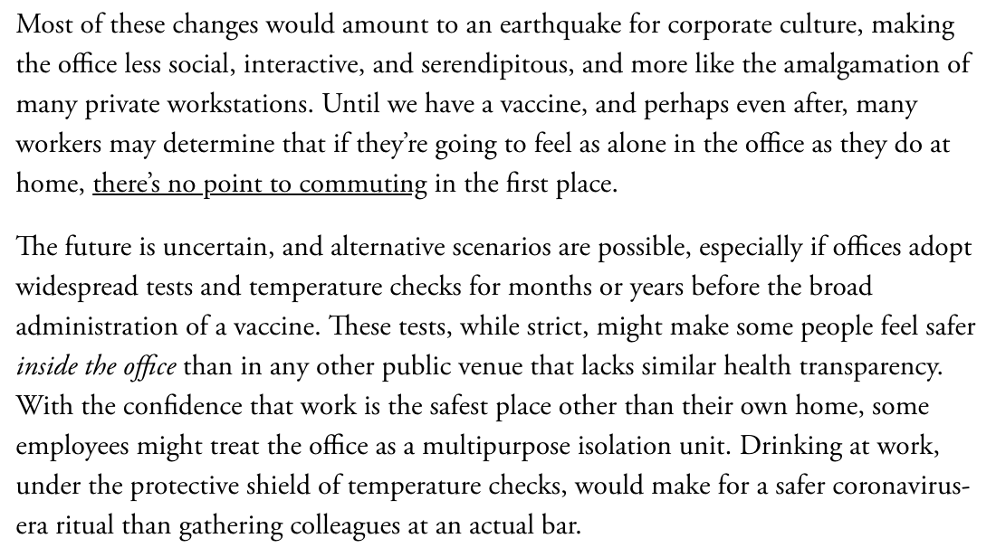 Alternate futures for the office:- Door 1: Socially distanced work stations, bans on big long meetings, and masked encounters make offices even more awkward than they already are, accelerating remote work- Door 2: Offices with temp checks and tests become trusted third spaces