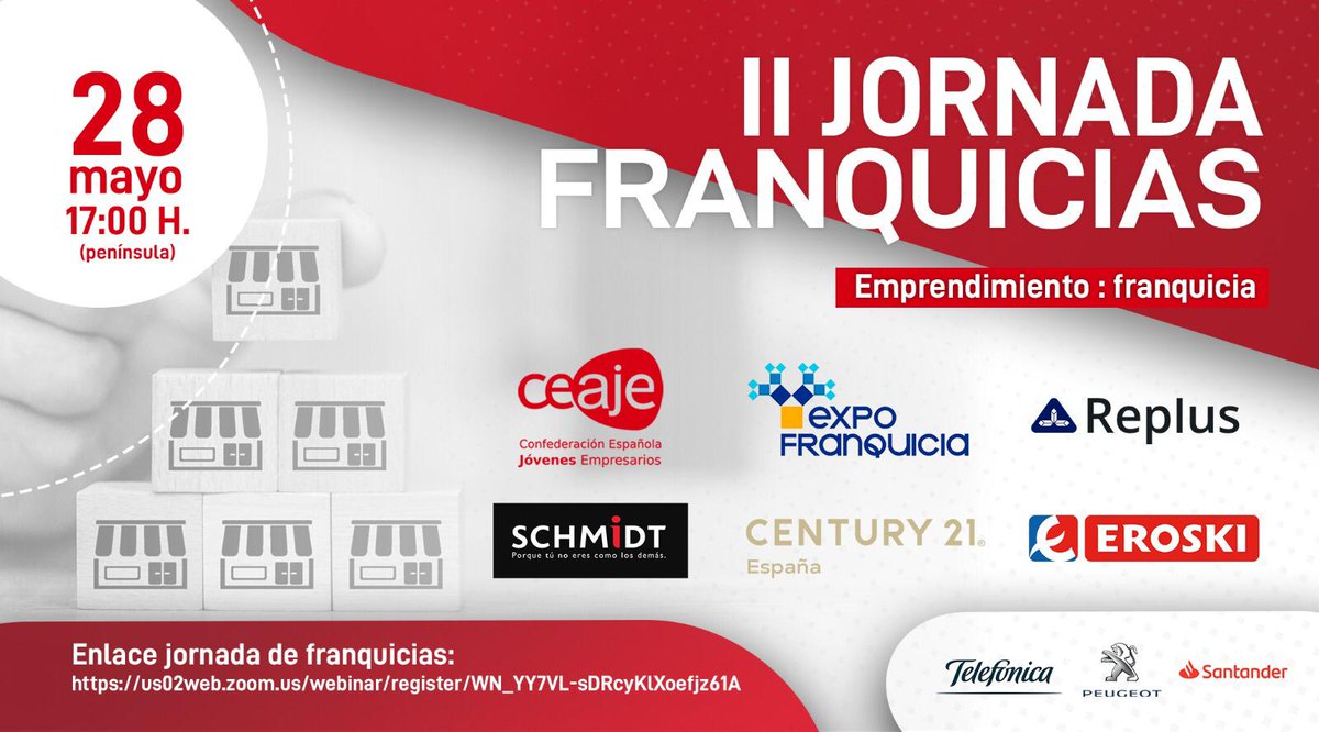 El próximo jueves 28 de mayo <a href="/CEAJE/">CEAJE</a> realizará la II Jornada de Franquicias. En ella se debatirá sobre las oportunidades de negocio y su adaptación a la realidad post #COVID19. 
 
Inscríbete al seminario ➡️ bit.ly/3bUXILA
 
#Expofranquicia2020
