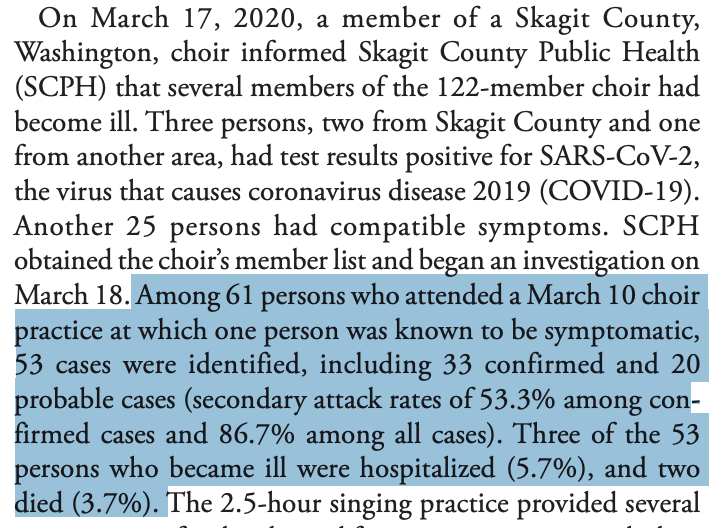 Last case-study: The WA choir outbreak https://cdc.gov/mmwr/volumes/69/wr/pdfs/mm6919e6-H.pdf?deliveryName=USCDC_921-DM28169Finding: Long choir practice w/ 61 ppl leads to 53 probable cases—attack rate of 87%(!)Implication: It’s not just the space—it’s the spit. Risk is augmented by “super-emitters,” including loud talkers and singers
