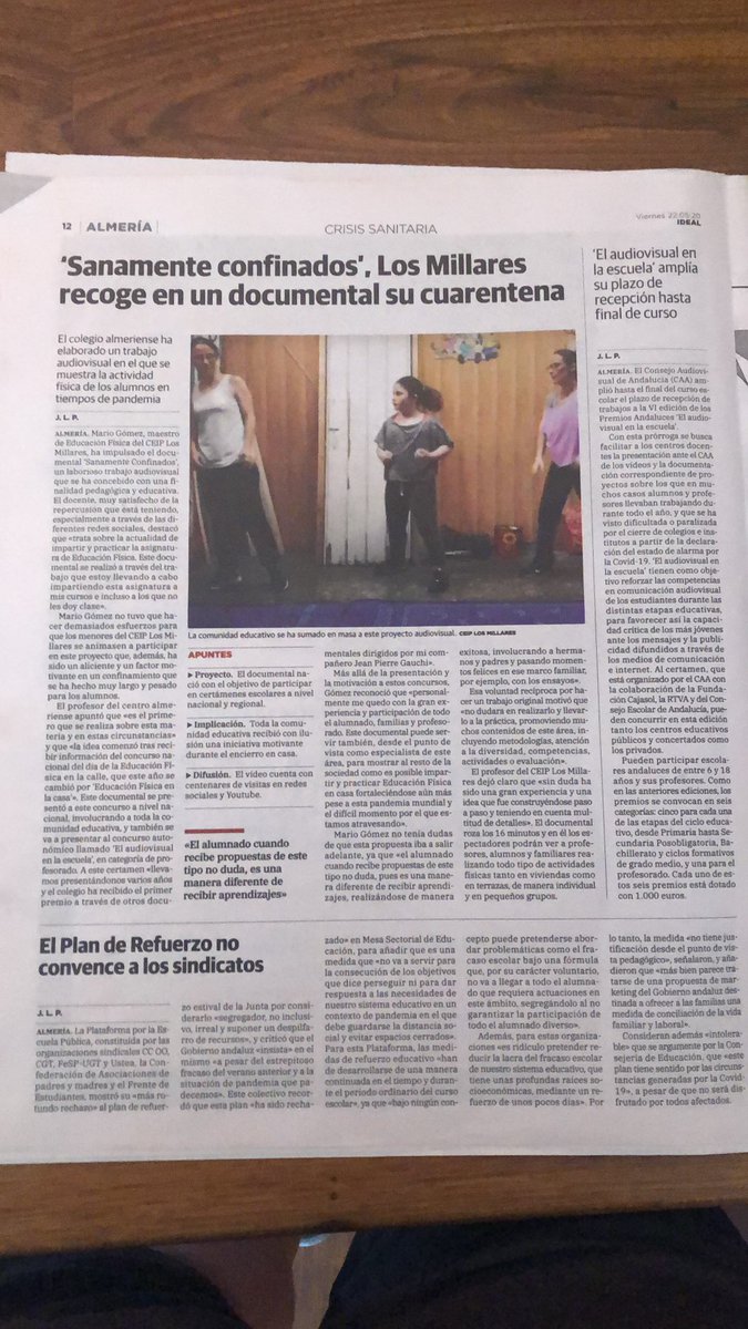 MarioleGomez's tweet photo. Artículo en el Ideal de Almería sobre el documental de Educación Física “Sanamente Confinados”. #Educacion #edufis #https://www.ideal.es/almeria/almeria/sanamente-confinados-los-millares-almeria-20200521210051-nt_amp.html?__twitter_impression=true https://t.co/frG3rGtdCU