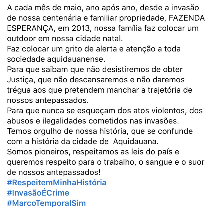 produtores_ind's tweet photo. “A cada mês de maio, ano após ano, desde a invasão de nossa centenária e familiar propriedade, FAZENDA ESPERANÇA, em 2013, nossa família faz colocar um outdoor em nossa cidade natal.”

Leia o relato completo de um INVADIDO na 2ª imagem

#invasãoécrime https://t.co/EBgu4BKKm8