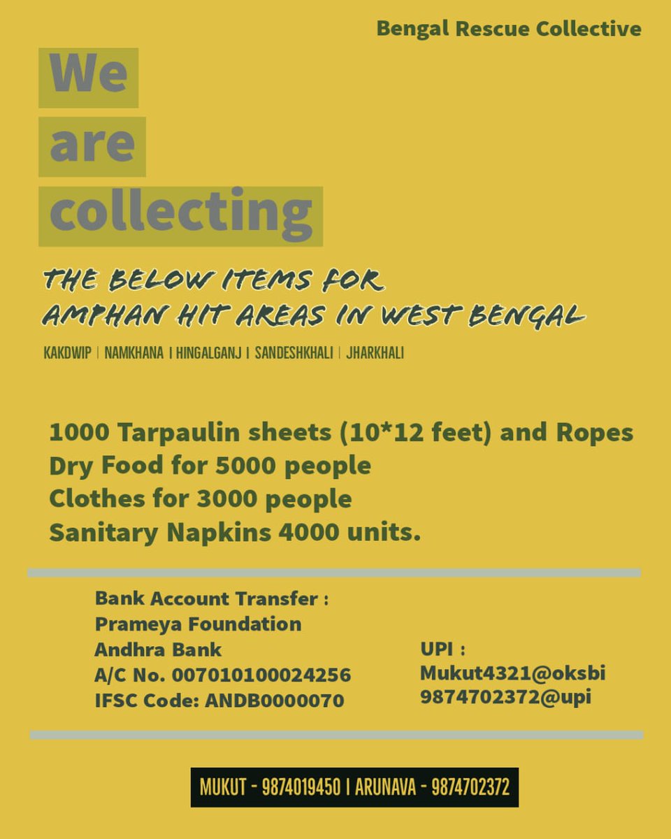 We're beginning relief work in Bengal. Please donate! This will have to be a long, sustained community effort.  #CycloneAmphanImpact  #CycloneAmphan