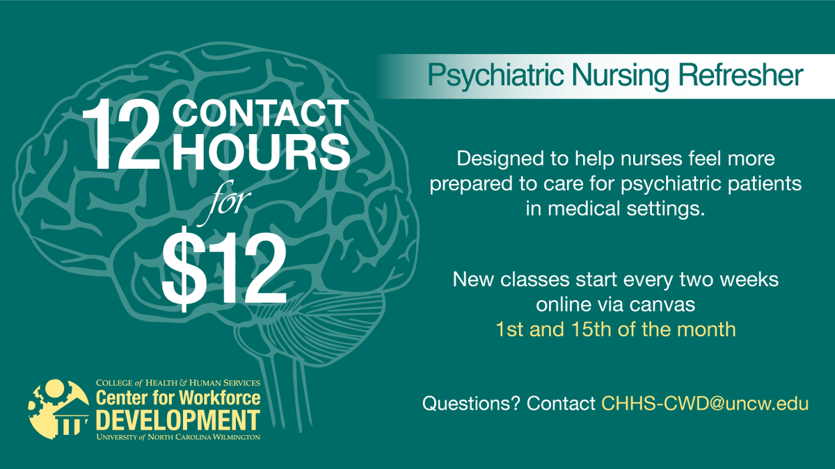 uncwchhs's tweet photo. CHHS, in partnership with the School of Nursing, is hosting an online continuing education course for practicing #nurses and students who are interested in learning how to handle #psychiatric patients in medical settings. Info and registration: https://t.co/bKn6MpNFe3 https://t.co/ns7OeICgVC