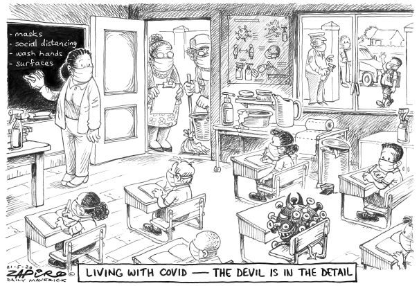 zapiro's tweet photo. Zapiro's cartoon @dailymaverick (21 May 2020) on Back to School #LockdownLevels #Covid19 @DBE_SA - https://t.co/EV4yNSAjRL https://t.co/tDGH30komn