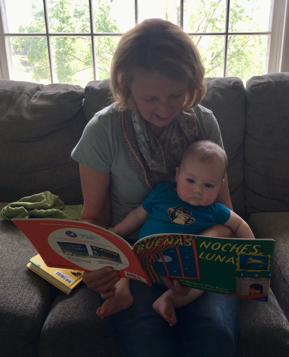 Ms. Matero and Mateo are reading Buenas Noches, Luna (Goodnight Moon)! Do you remember reading that book? #HarveySchoolReads
